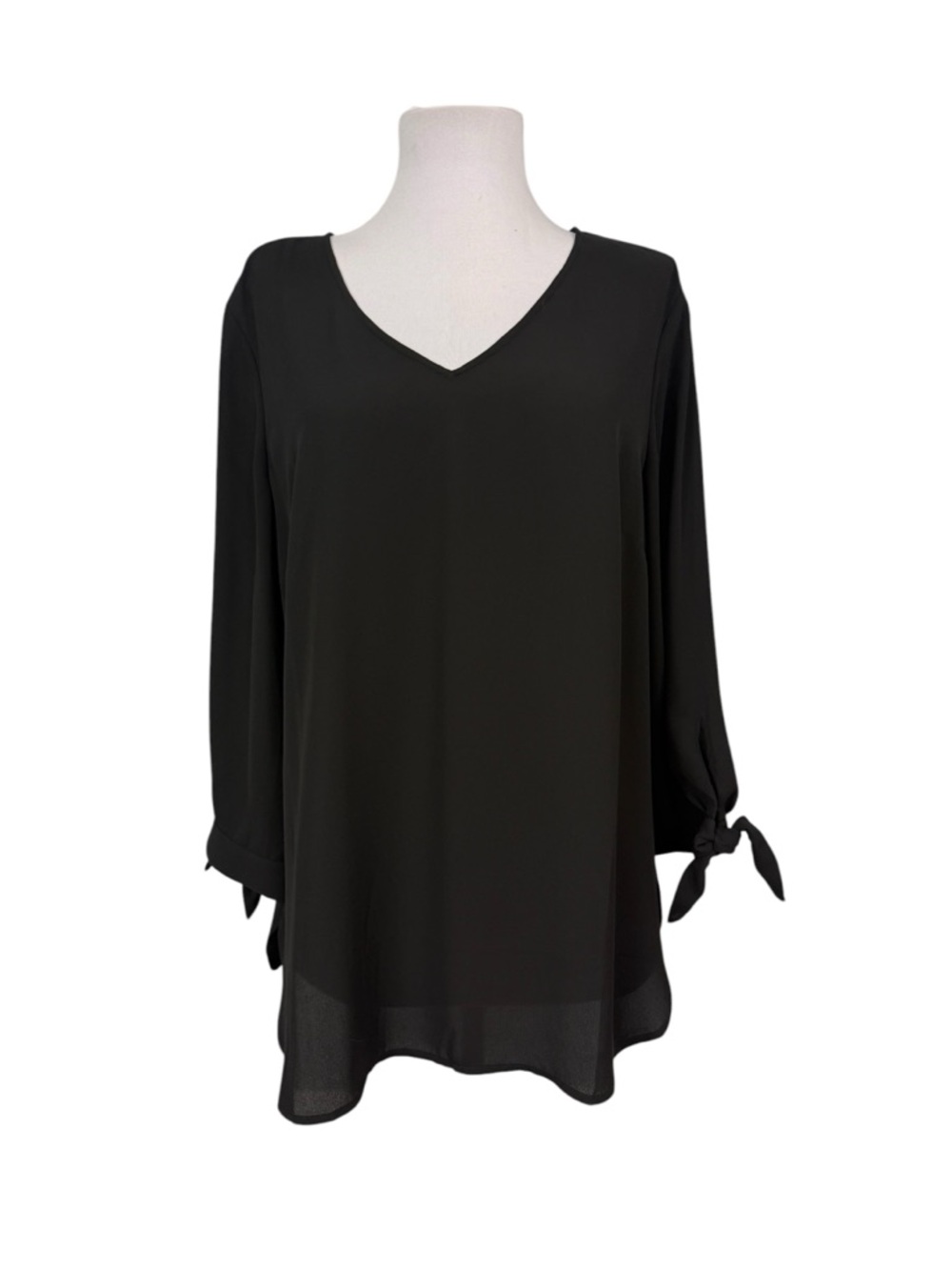 Talbots Medium Lightweight Blouse V-Neck Solid Black 3/4 Sleeves Tie Cuff